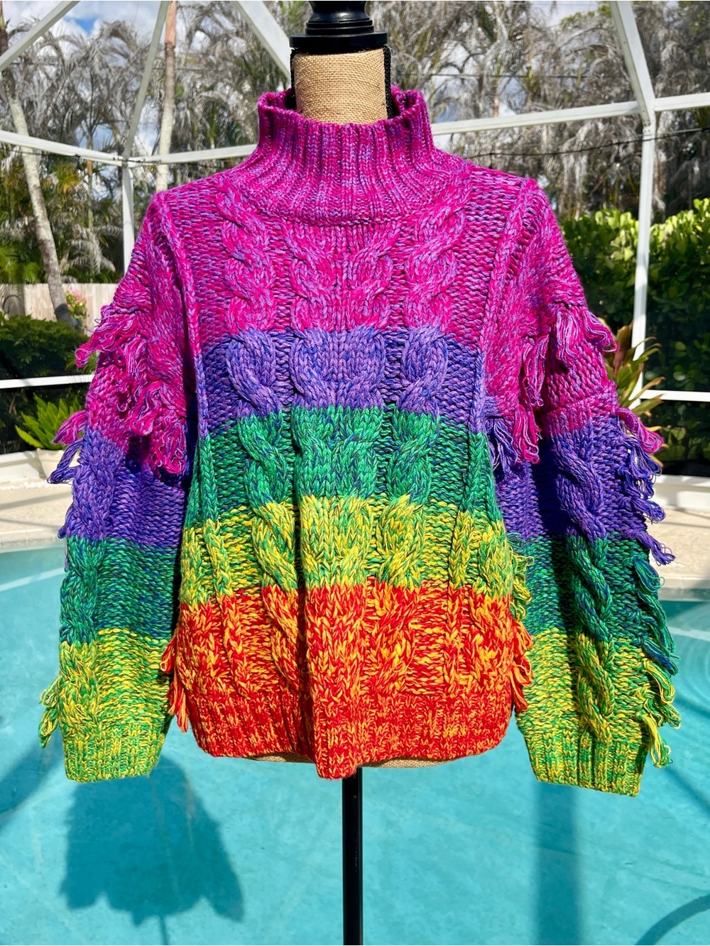 Farm Rio Chunky Rainbow Fringe Turtleneck Sweater - Multicolor